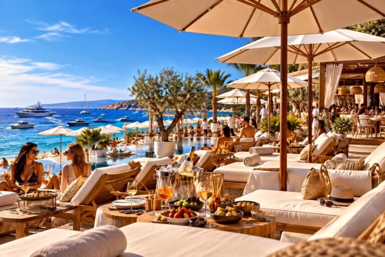 Beach club with sun loungers and umbrellas in Cyprus