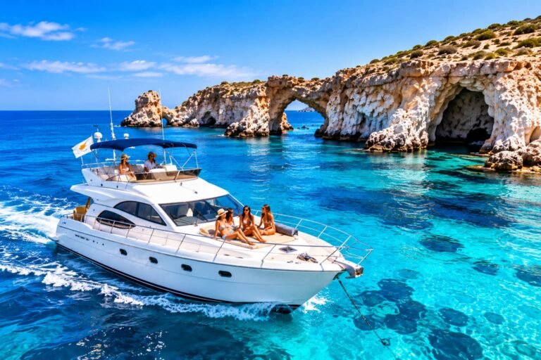 Motor yacht beside sea caves in Cyprus