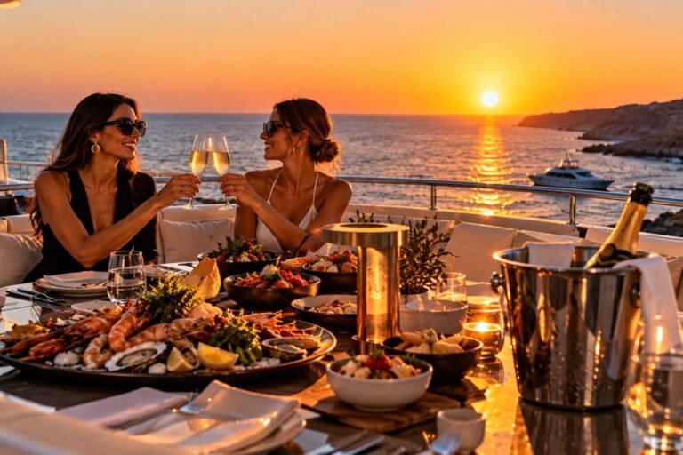 Seafood dinner and wine at sunset in Cyprus