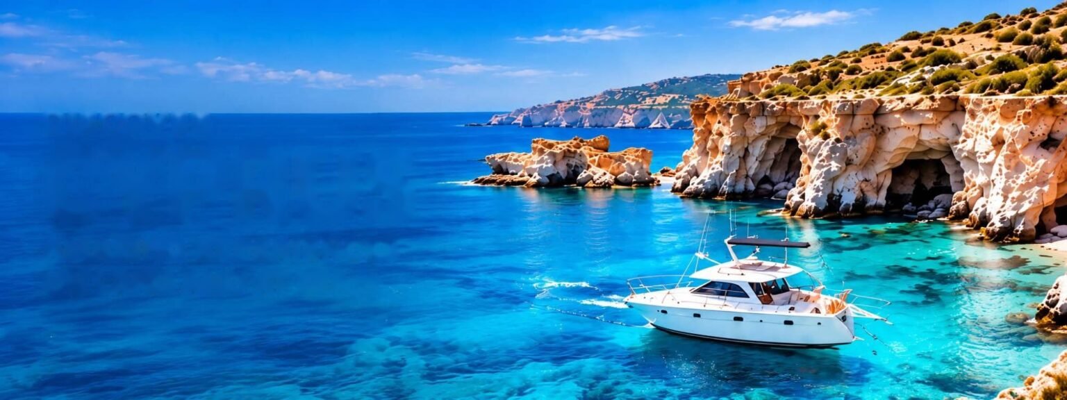 Motor yacht in a turquoise bay beside sea caves in Cyprus