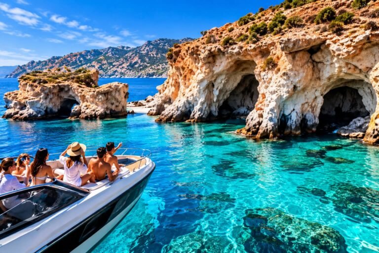 Boat exploring sea caves in Cyprus