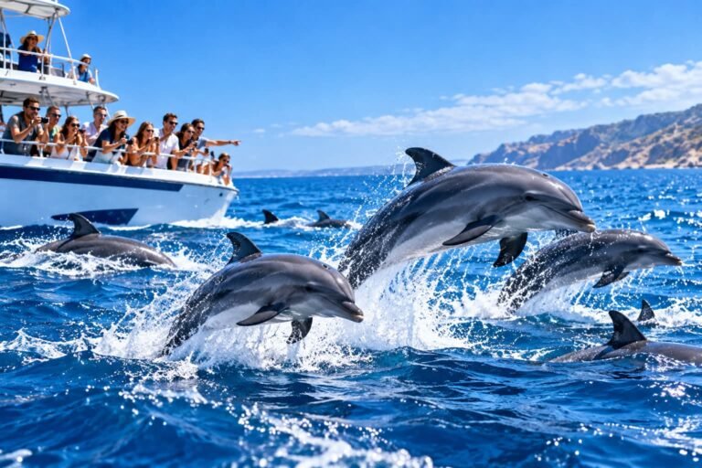 Dolphins jumping beside a tour boat in Cyprus