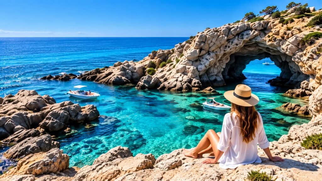 Woman overlooking a turquoise cove and sea arch in Cyprus